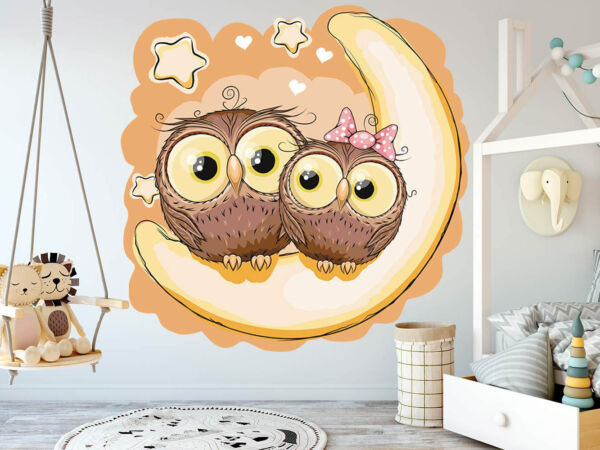 Vinilo Infantil Buhos Luna Naranja