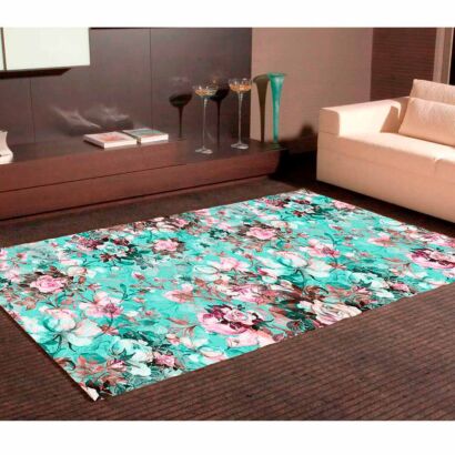 Alfombra PVC Estampado Floral Celeste