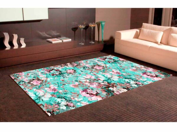 Alfombra PVC Estampado Floral Celeste