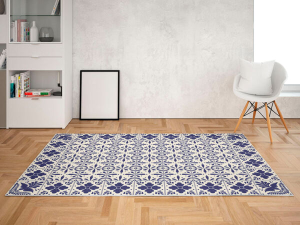 Alfombra vinílica cocina azulejos flores y pájaros