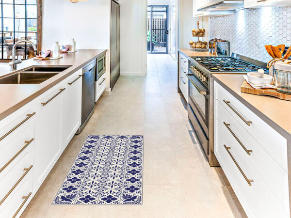 Alfombra vinílica cocina azulejos flores y pájaros medidas