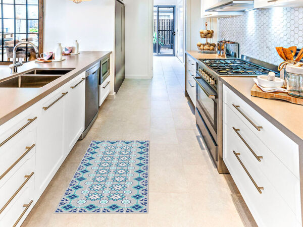 Alfombra vinílica cocina azulejos turquesa y gris