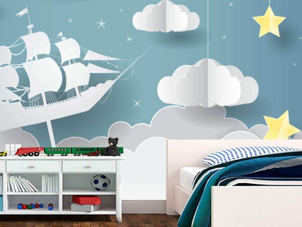 Fotomural Vinilo Infantil 3D Barco Nubes