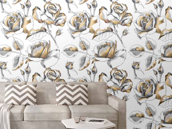 Papel Pintado Arte Floral Rosas Doradas