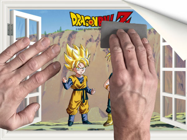 Vinilo efecto ventana Dragon Ball conjunto de Goten y Trunk Super Saiyan colocación