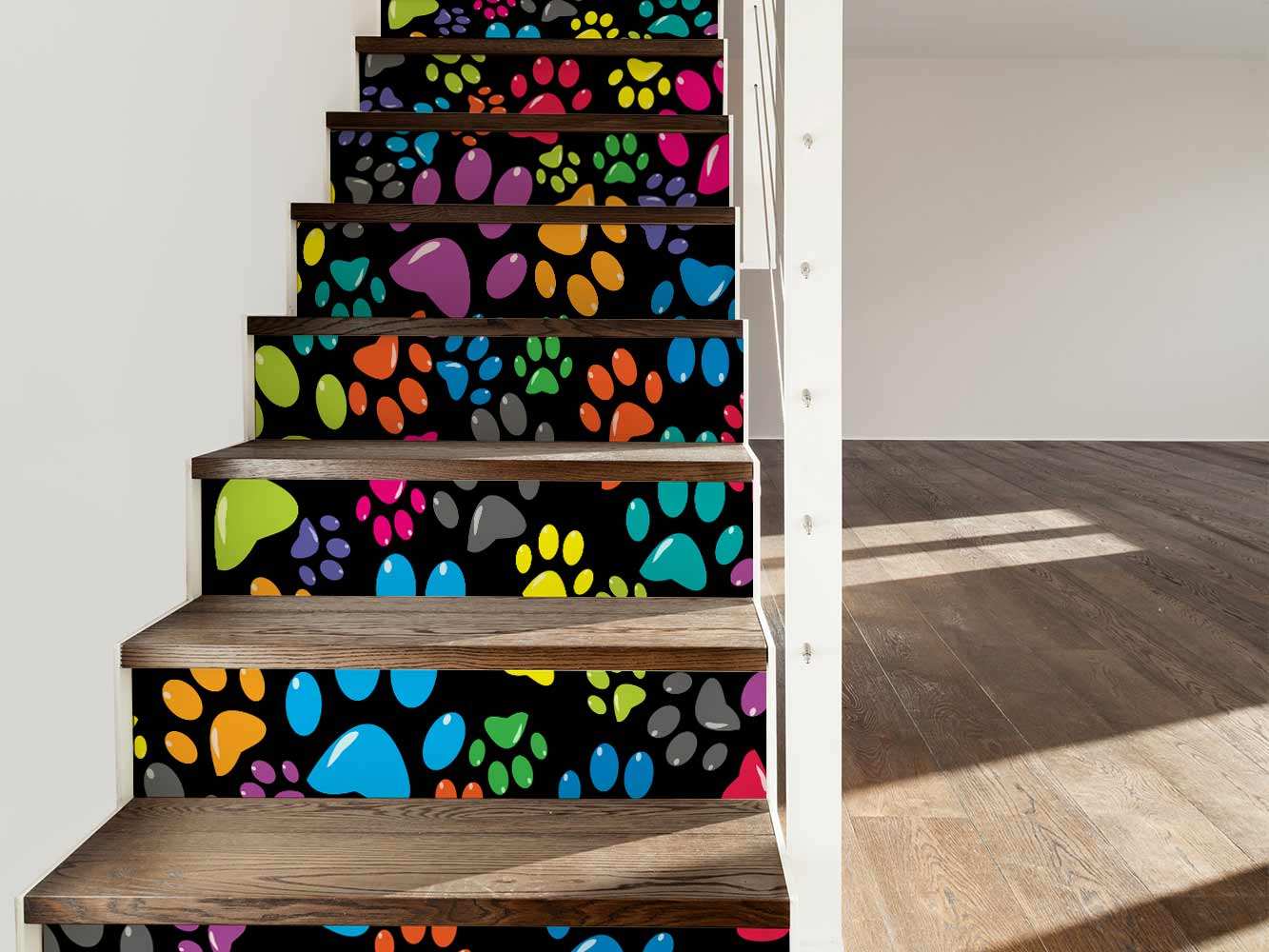 Vinilo Decorativo Escaleras Huellas Animales Colores