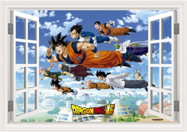 Vinilo efecto ventana Dragon Ball conjunto de personajes volando frontal