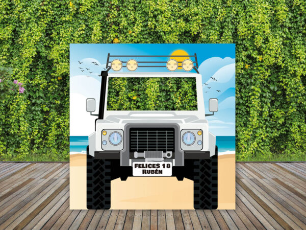 Photocall Cumpleaños Jeep Blanco en Playa