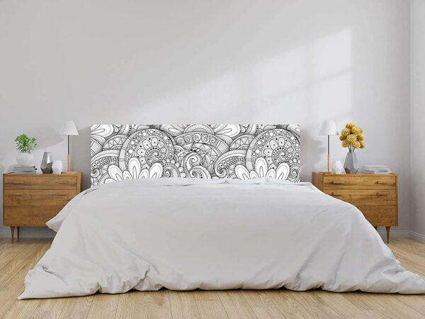 Cabecero Cama PVC Mandala Flores Blanco y Negro