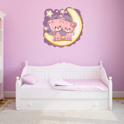 Vinilo decorativo Pared Infantil Gatitos Luna Morado